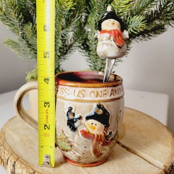 Vtg Snowman Coffee Cup Mug & Matching Spoon Set /Bless Us One And All Christmas - Picture 11 of 15